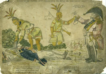 Horizontale, handkolorierte Gravur, die einen britischen Offizier zeigt, der amerikanischen Ureinwohnern Geld gibt, um einen amerikanischen Soldaten zu skalpieren